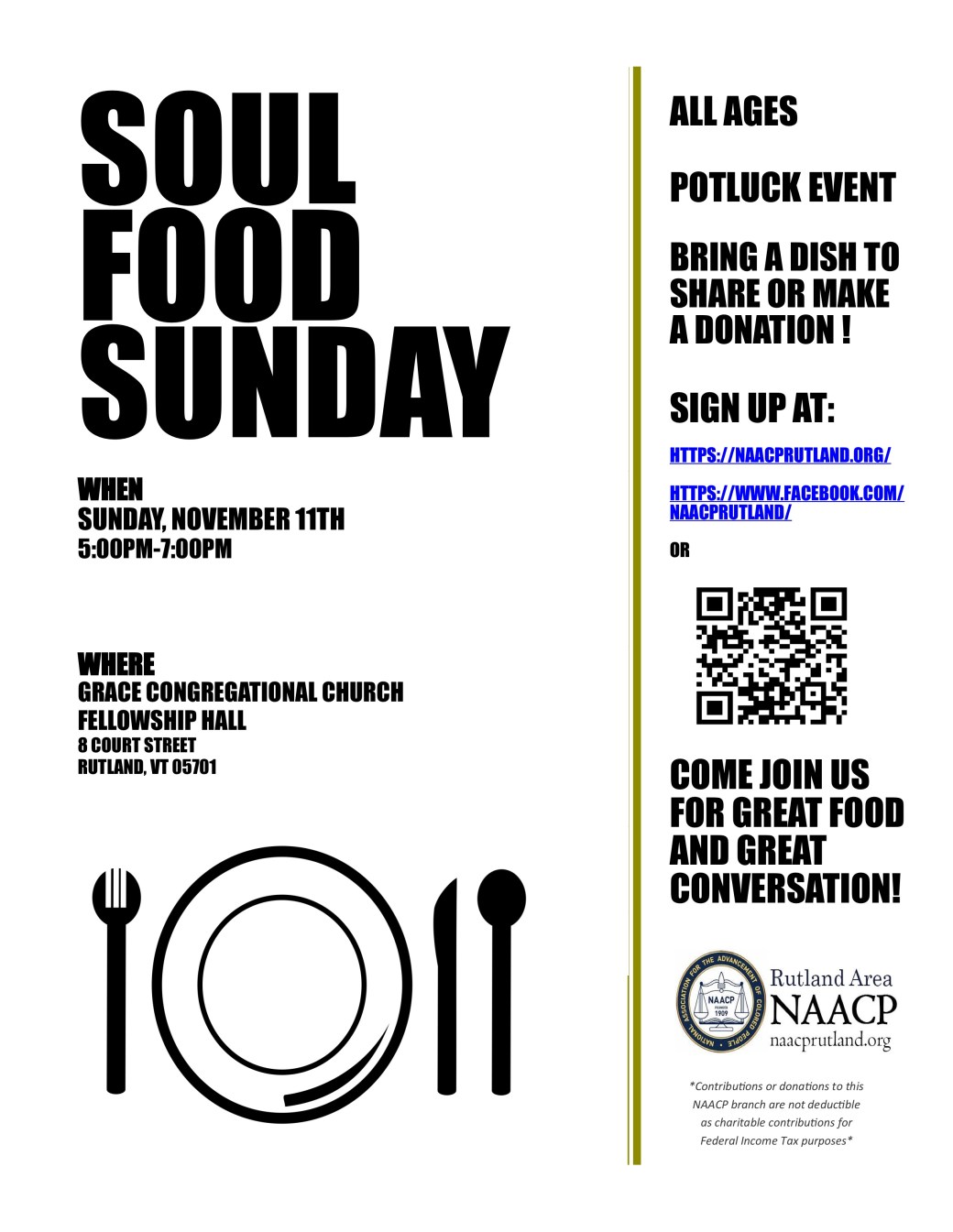 Poster for Soul Food Sunday, black and white with a clip-art picture of a place with silverware.