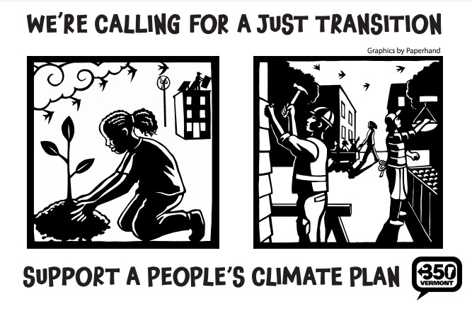 The front of one postcard, showing block print images of a Black girl planting a tree and several people working in a town, with the text "We're calling for a just transition. Support a people's climate plan." 